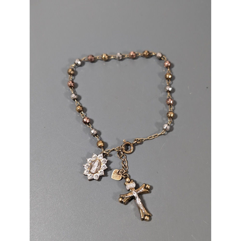 JORDAN 925 Sterling Silver Tri Color Rosary Bracelet CZ Crucifix 7.5-8"